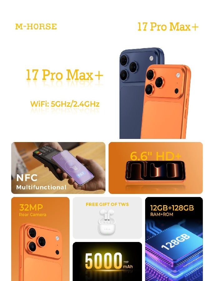 إم-هورس هاتف M-HORSE 17 Pro Max سعة 128 جيجابايت، رام 12 جيجابايت، شاشة Full HD+ كبيرة، كاميرات متعددة، شحن سريع – لون ازرق غامق - Image 2